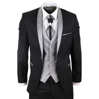 Pre-owned Truclothing Mens 4 Piece Wedding Suit Groom Shawl Collar Vintage Black Silver Cravat Tailor