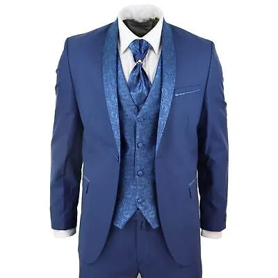 Pre-owned Truclothing Mens 4 Piece Wedding Suit Groom Shawl Collar Vintage Blue Cravat Tailored Fit