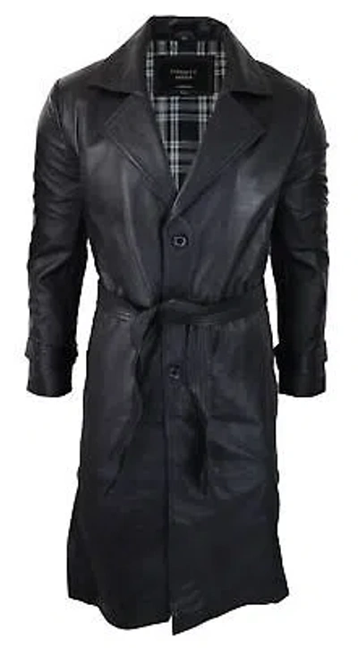 Pre-owned Truclothing Mens Black 3/4 Mac Long Real Leather Classic Belted Punk Jacket Coat Vintage 80s