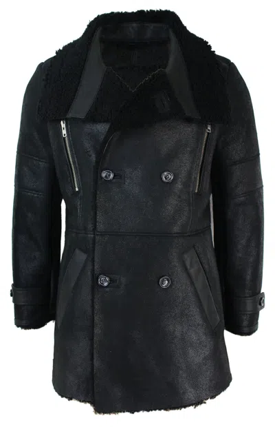Pre-owned Truclothing Mens Black 3/4 Military Real Sherling Sheepskin Batman Bane Double Breasted