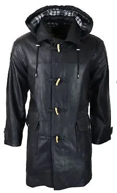 Pre-owned Truclothing Mens Black Real Leather Duffle Jacket Coat Toggle Classic Fisherman Hooded 3/4