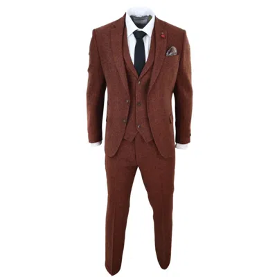Pre-owned Truclothing Mens Camel 3 Piece Tweed Suit Herringbone Wool Vintage Retro Fit