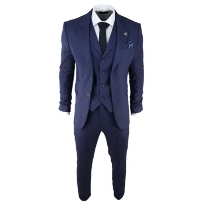 Pre-owned Truclothing Mens Herringbone Tweed 3 Piece Suit Blue Classic Vintage Tailored In Navy