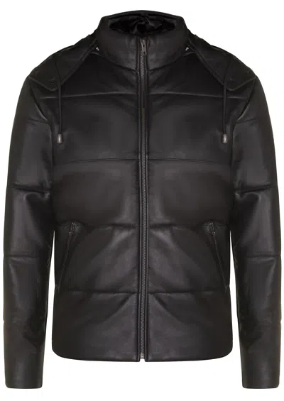 Truclothing Mens's Hooded Leather Puffer Jacket In Black