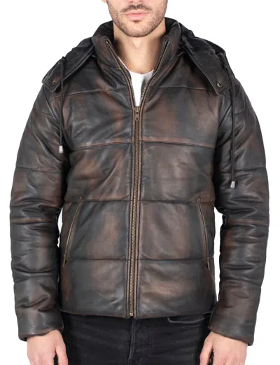 Truclothing Mens's Hooded Leather Puffer Jacket In Brown