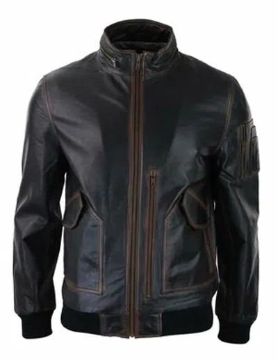 Pre-owned Truclothing Mens Real Leather Bomber Jacket Black Brown Vintage High Collar Zipped