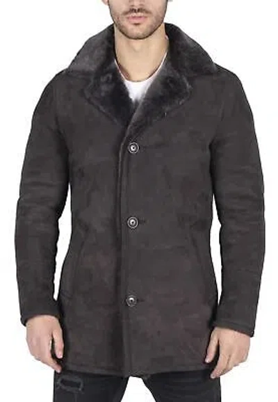 Pre-owned Truclothing Mens Real Sheepskin Coat Brown Vintage Classic 3/4 Jacket Button Down V Neck