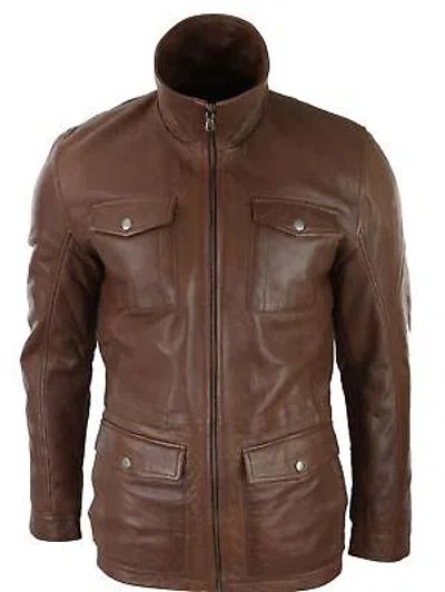 Pre-owned Truclothing Mens Tan Brown 3/4 Jacket Real Leather Safari Hunting Country Coat Classic