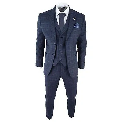 Pre-owned Truclothing Mens Tweed 3 Piece Suit Blue Check Vintage 1920s Gatsby Blinders Tailored Fit