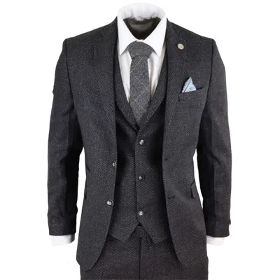Pre-owned Truclothing Mens Wool 3 Piece Suit Tweed Charcoal Black Tailored Fit Classic