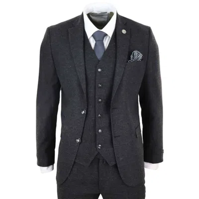 Pre-owned Truclothing Mens Wool Tweed Suit 3 Piece Authentic 1920s Tailored Fit Classic In Black