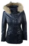 Truclothing Mid Length Hooded Leather Trench Coat In Blue