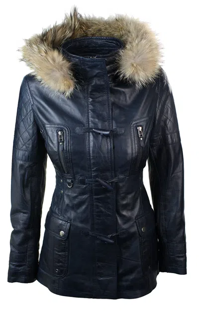 Truclothing Mid Length Hooded Leather Trench Coat In Blue