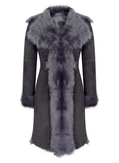 Truclothing Mid Length Sheepskin Leather Coat In Grey