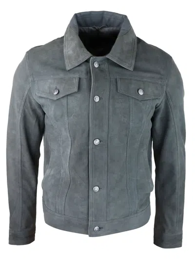 Truclothing Navy Suede Jacket Leather Biker Vintage In Grey