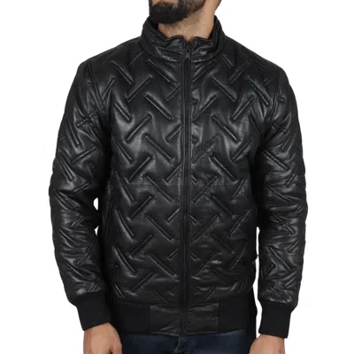 Truclothing Puffer Quilted Bomber Real Leather Jacket In Black