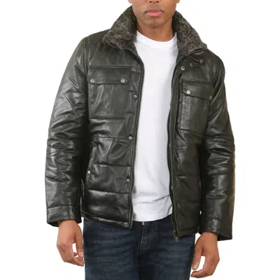 Truclothing Quilted Faux Fur Collar Leather Jacket In Black