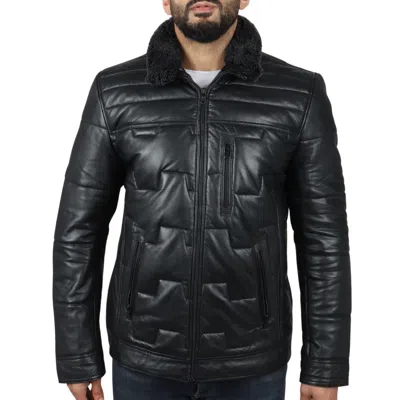 Truclothing Quilted Padded Real Leather Safari Coat In Black