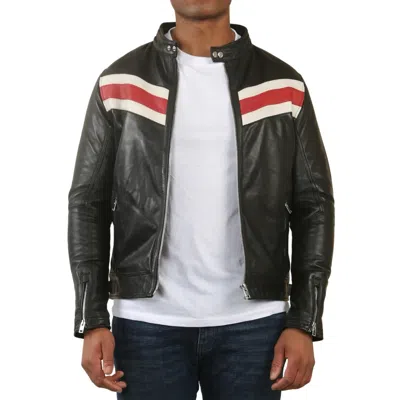 Truclothing Racer Striped Biker Leather Jacket In Black