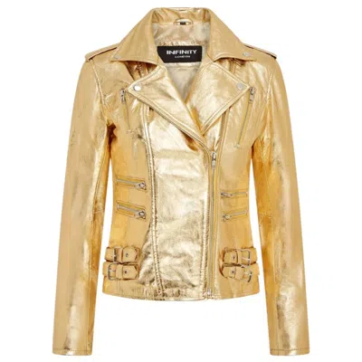 Truclothing Real Lamb Nappa Leather Vintage Gothic Buckle Biker Jacket In Gold