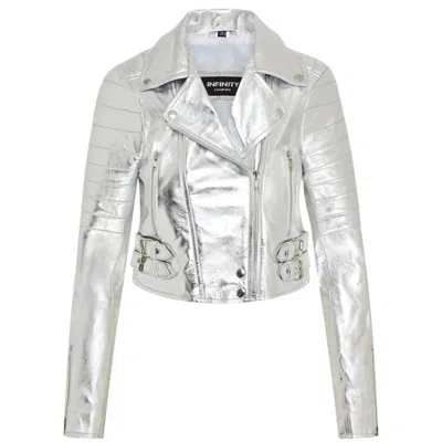 Truclothing Real Leather Short Cropped Length Brando Style Biker Jacket In Silver
