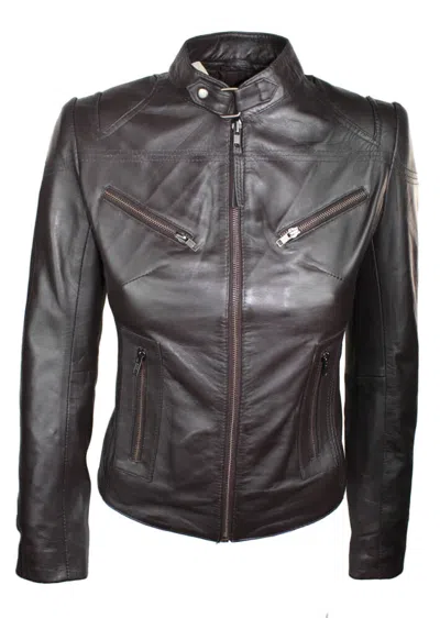 Truclothing Real Leather Vintage Slim Fit Biker Jacket In Brown