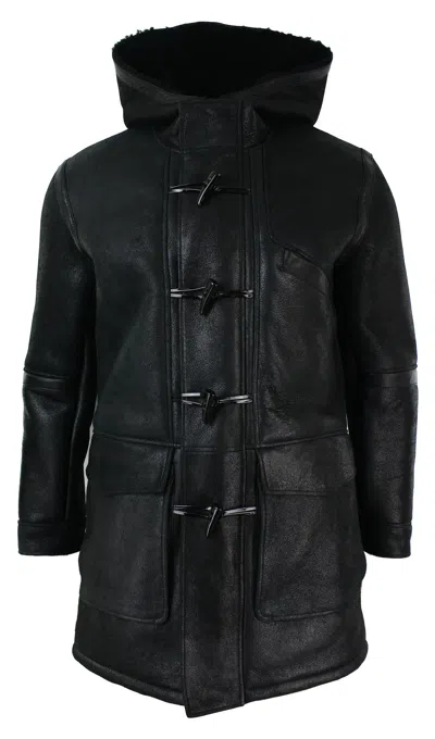 Truclothing Shearling Sheepskin 3/4 Hood Jacket In Black