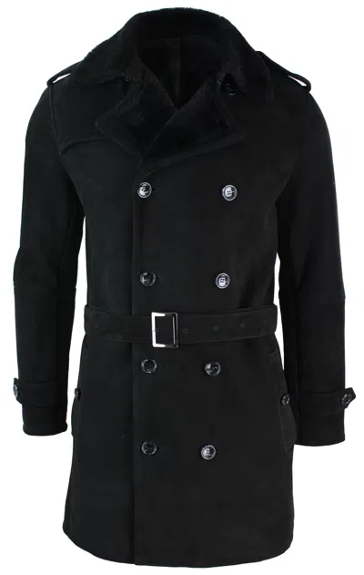 Truclothing Sheepskin Double Breasted Belted Overcoat In Black
