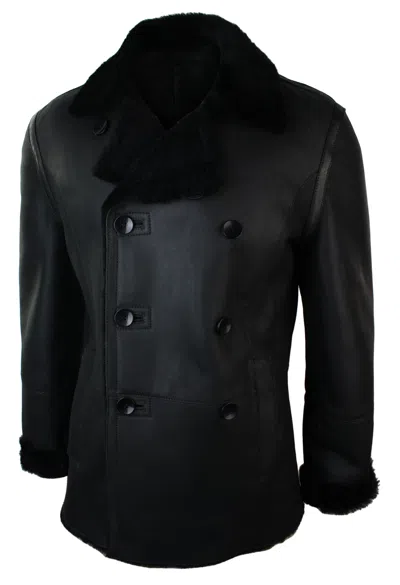 Truclothing Sheepskin Double Breasted Fitted Jacket In Black