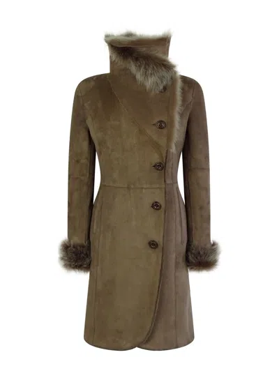 Truclothing Sheepskin Suede 3/4 Long Trench Coat In Green