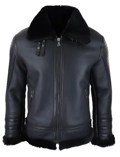 Truclothing Sheepskin Zipped Pilot Jacket In Black