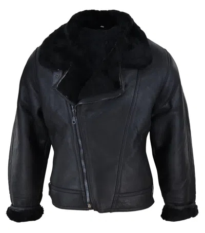 Truclothing Sherling Sheepskin Cross Zip B3 Pilot Jacket In Black