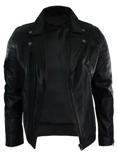 Truclothing Slim Cross Zip Brando Real Leather Jacket In Black