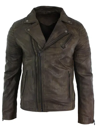 Truclothing Slim Cross Zip Brando Real Leather Jacket In Brown