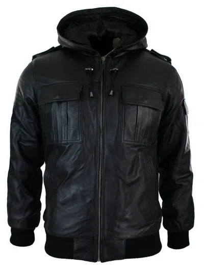 Truclothing Slim Fit Hooded Leather Jacket In Black