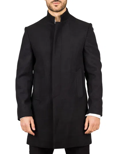 Truclothing Classic Collar Wool Blend Overcoat Classic Trench Coat Winter Jacket In Black