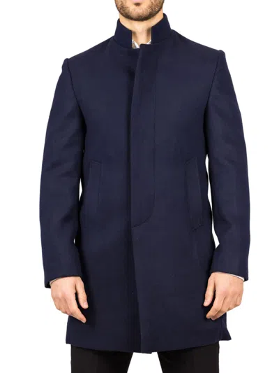 Truclothing Stand Collar Wool Blend Overcoat Classic Trench Coat Winter Jacket In Blue