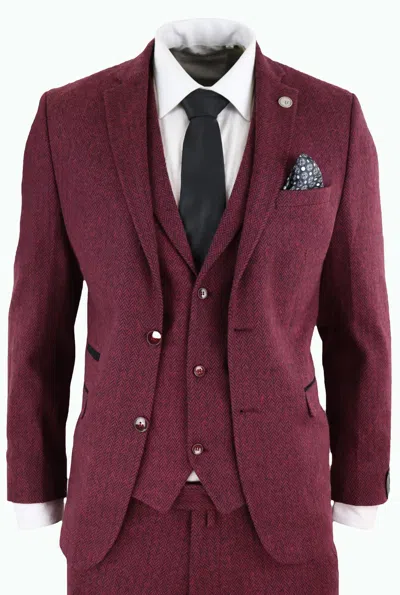 Truclothing Stz11 3 Piece Tweed Suit Herringbone In Pink
