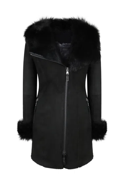 Truclothing Toscana Sheepskin Suede Hood Jacket In Black