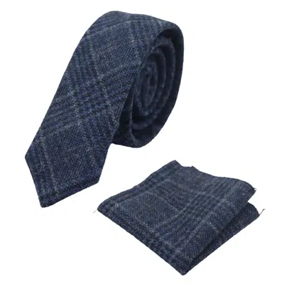 Truclothing Tweed Herringbone Tie & Pocket Square In Blue