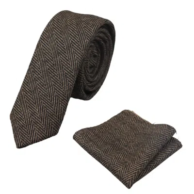 Truclothing Tweed Herringbone Tie & Pocket Square In Brown