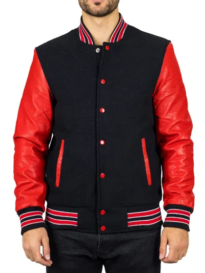 Truclothing Varsity Bomber Jacket Wool Body Real Leather Sleeves College Baseball Coat In Black
