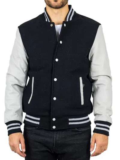 Truclothing Varsity Bomber Jacket Wool Body Real Leather Sleeves College Baseball Coat In Black