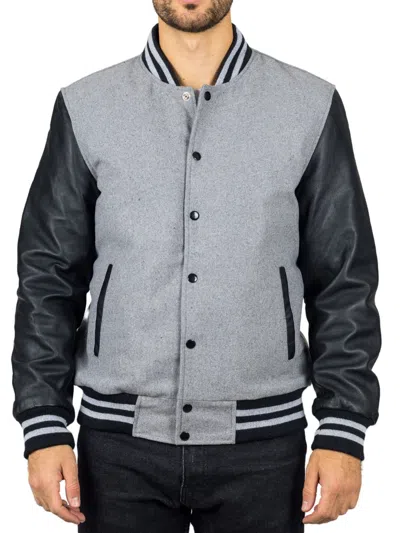 Truclothing Varsity Bomber Jacket Wool Body Real Leather Sleeves College Baseball Coat In Black