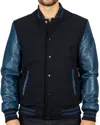 Truclothing Varsity Bomber Jacket Wool Body Real Leather Sleeves College Baseball Coat In Black