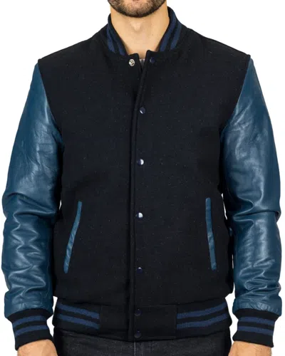 Truclothing Varsity Bomber Jacket Wool Body Real Leather Sleeves College Baseball Coat In Black