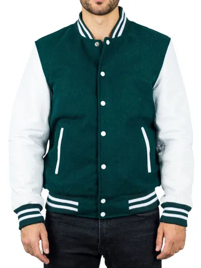 Truclothing Varsity Bomber Jacket Wool Body Real Leather Sleeves College Baseball Coat In White