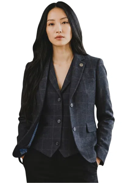 Truclothing Women's Navy 2 Piece Check Formal Tweed Blazer & Waistcoat Set - Tpstz-7 In Blue