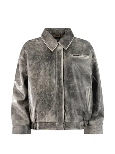 True Avenue Distressed Leather Jacket In Gray