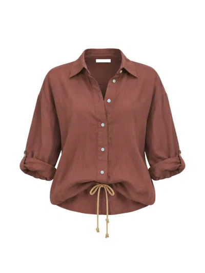 True Avenue Leila Drawstring Linen Shirt In Brown